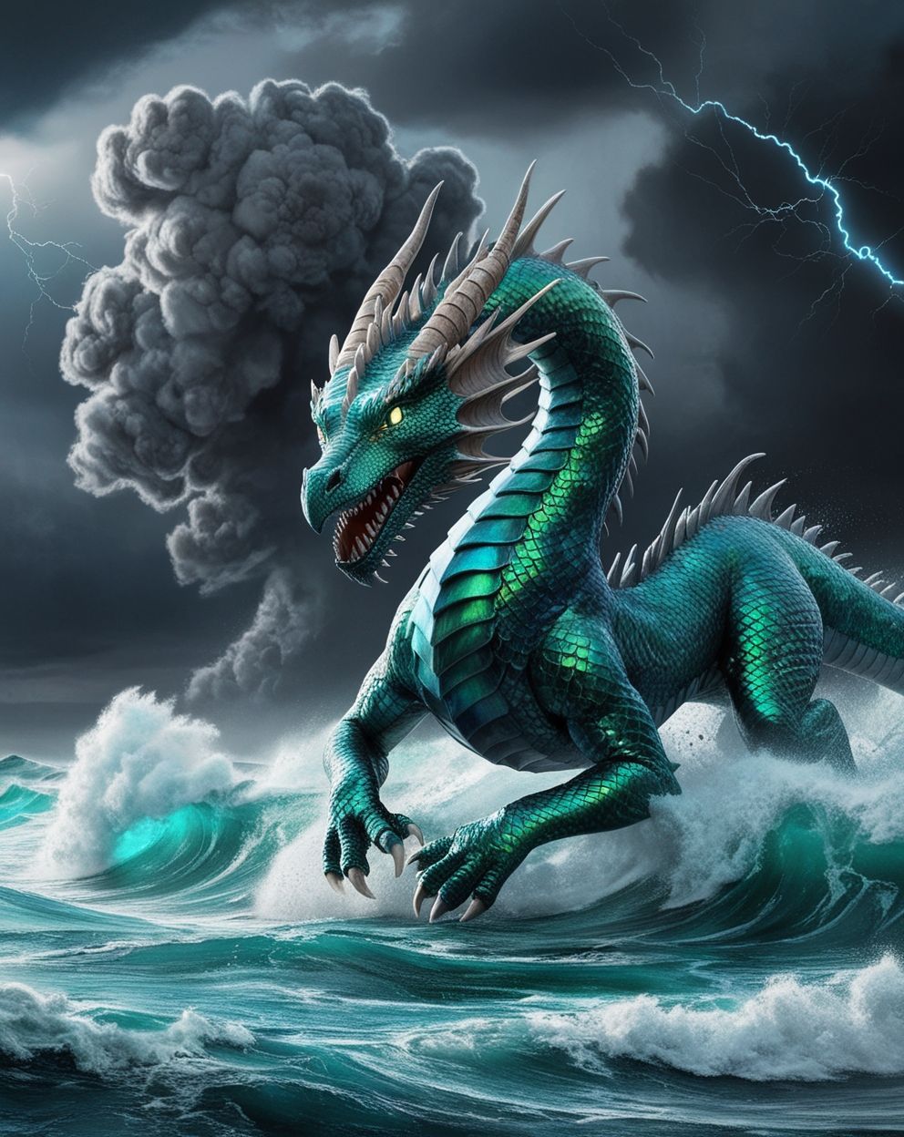 a dragon in "Stormy ocean with crashing waves, hyperrealistic, 4K resolution, dramatic sky"