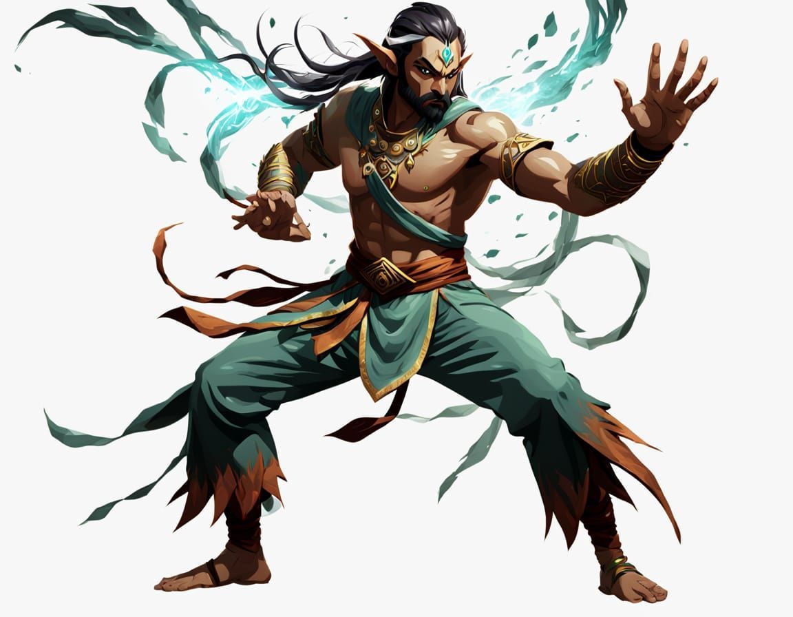 2.5D, elven hindu guru, asset for adventure game, Heroes of Might and Magic, Kyoto animation, fantasy, fighting stance  , minimalist, white ...