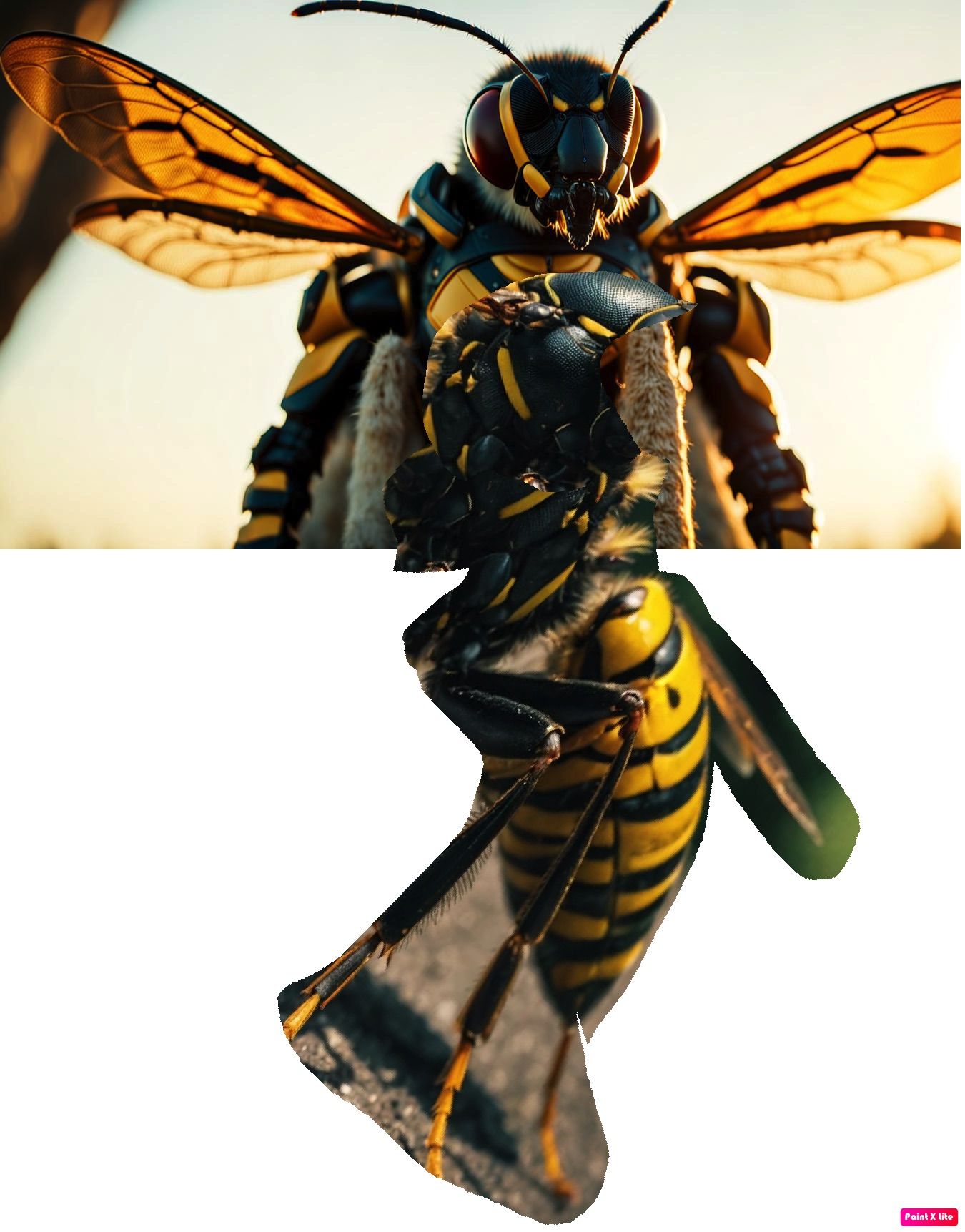 NOT TECHNOLOGY NOT ROBOT full body natural horrible hybrid half man half wasp with wasp head on two legs Cinematic film still, shot on v-rap...