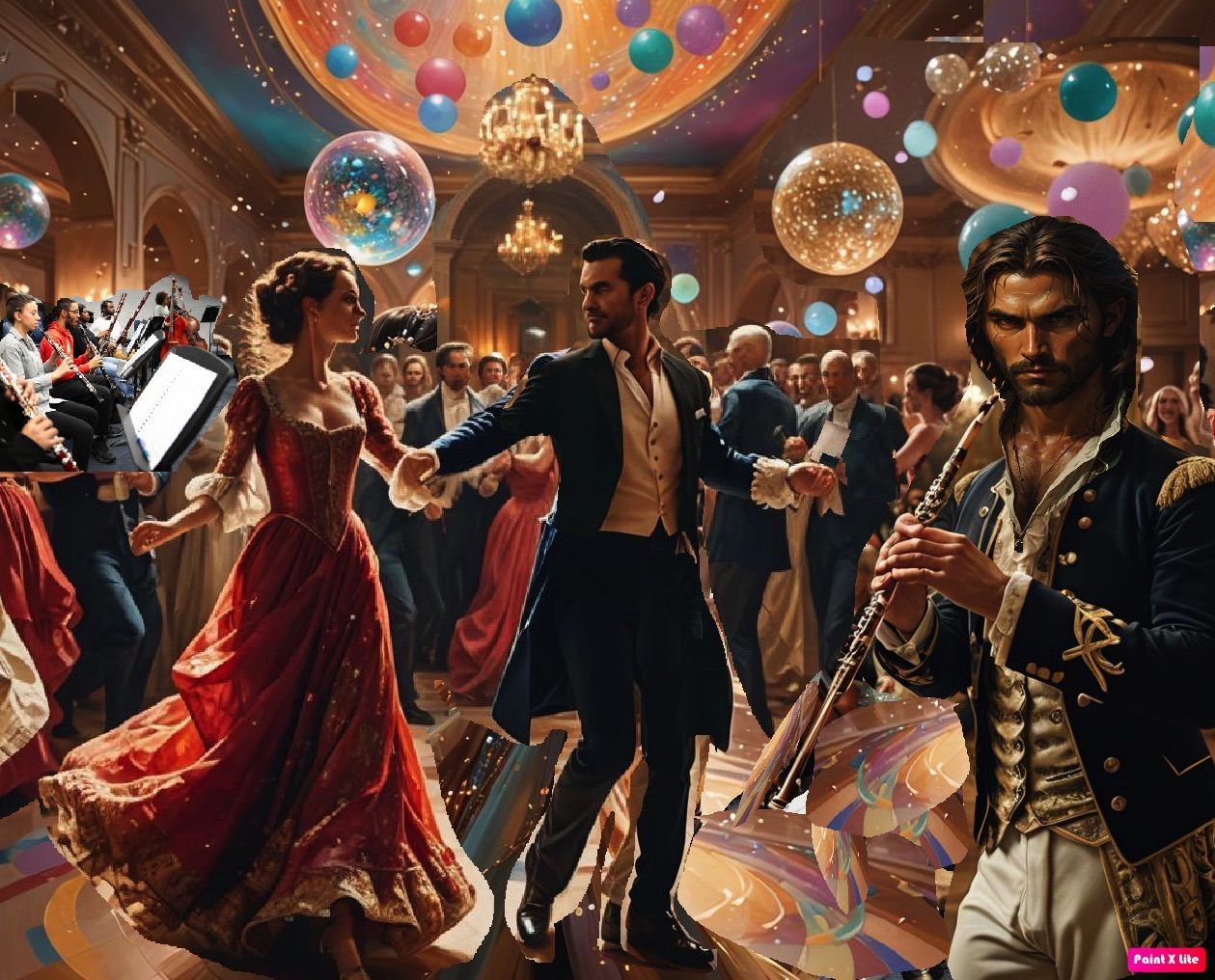 In a crowded ballroom in the right corner an handsome male piper with a flute in a hand