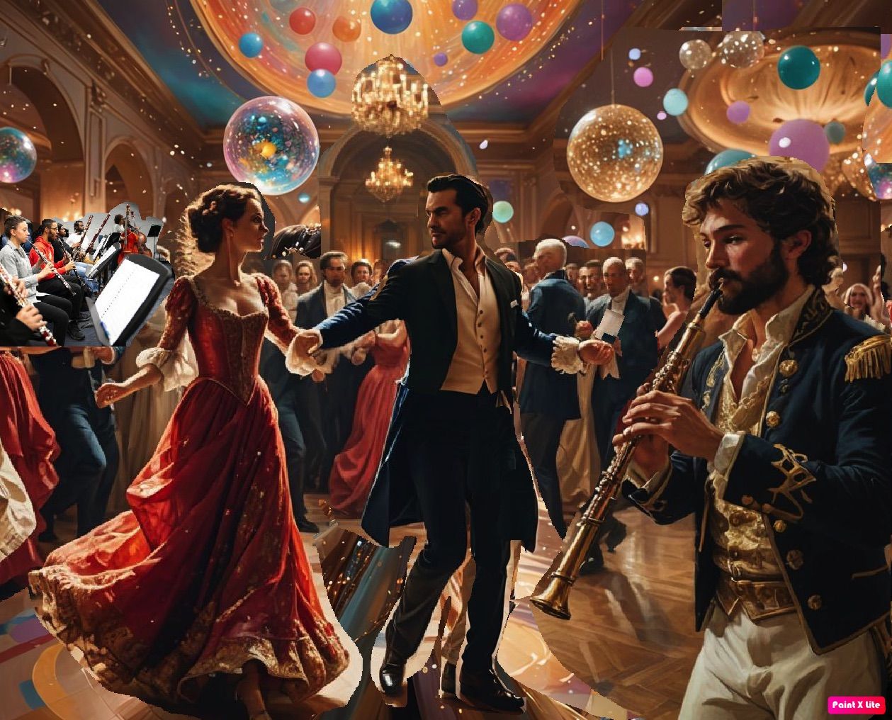 a dancing girl with red dress and brown hair dance with a man in white dress; in the right side a piper with beard and a white flute in a ha...