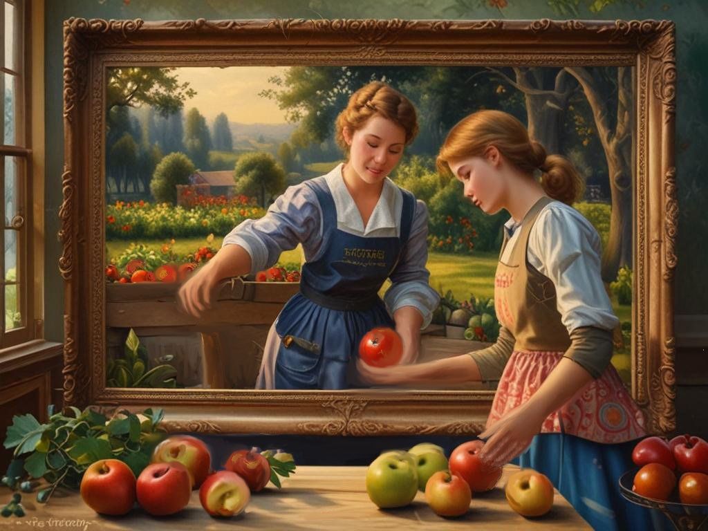 A young peasant girl in an oil painting is giving apples to a poor orphan girl living outside the village.
