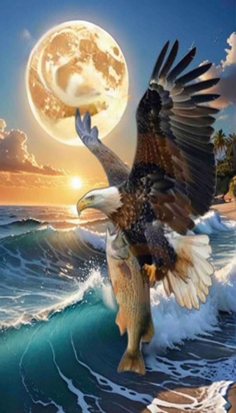 Dynamic wildlife photography. Close-up. Powerful majestic eagle in mid-flight snatches a fish from the choppy ocean. Low-angle shot. Focused...