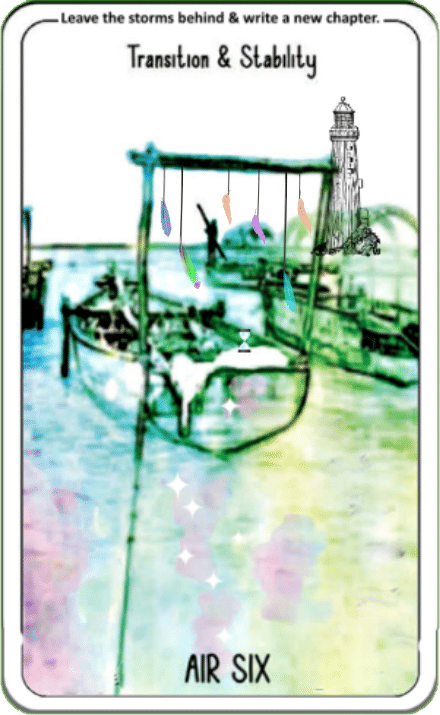 A symbolic tarot-style card titled “Air Six” with the subtitle “Transition & Stability.” The main scene features two sma...