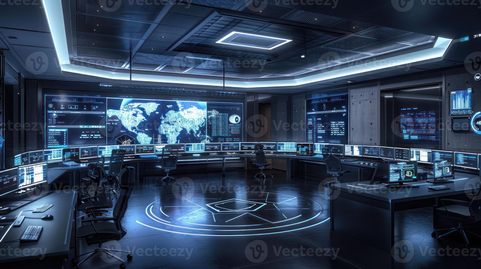 a high-tech black room, a control centre with many view screens and a table that wraps around the room under the view screens; it's a futuri...