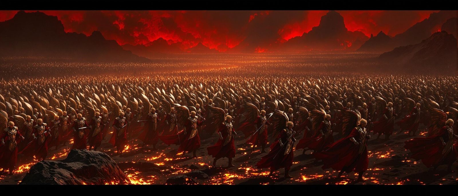 A huge army of male angels marches to the right over the burning plains of hell, red cloaks billowing, spears bristling,...