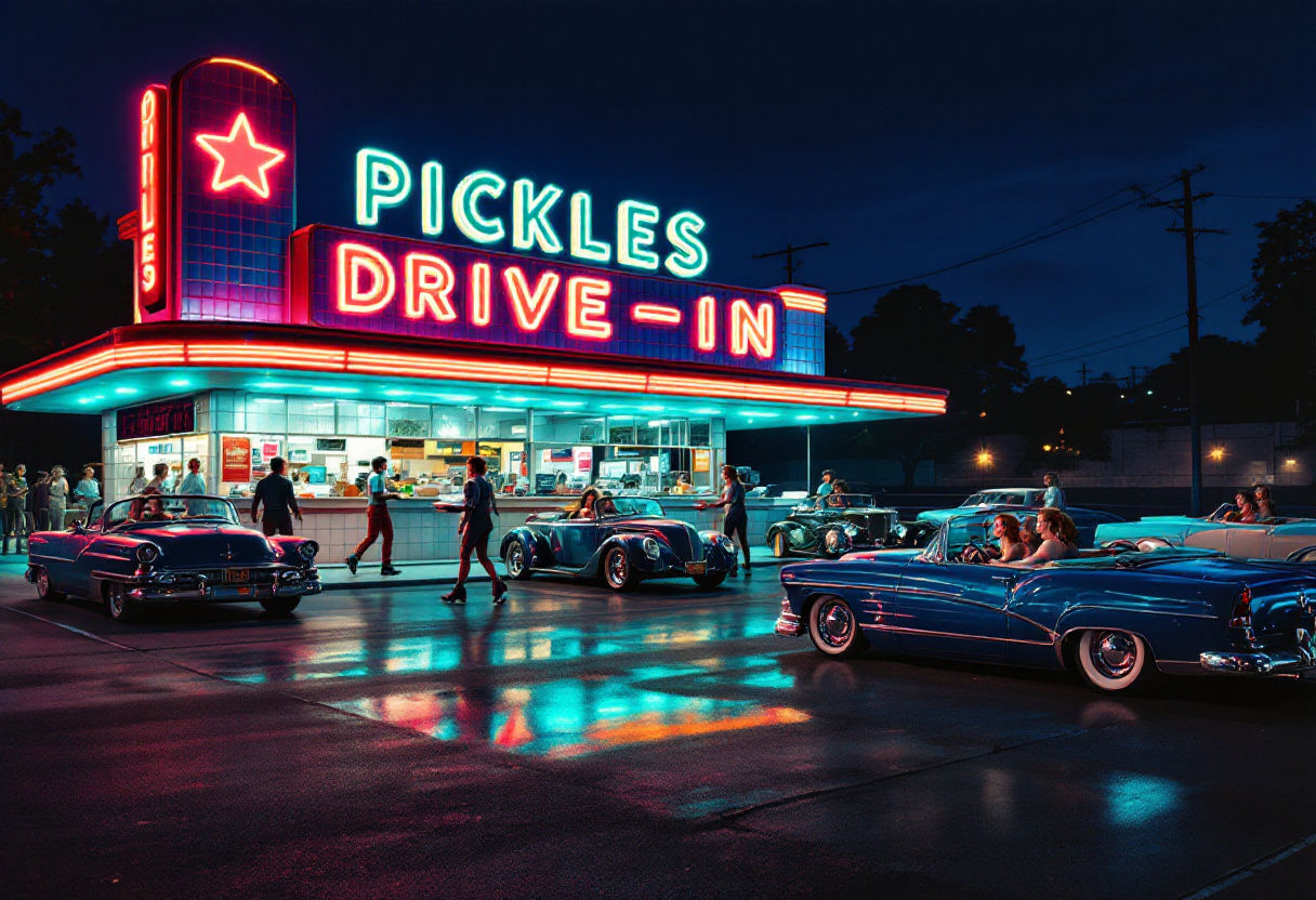 A night shot of a 1950’s Googie styled drive-in restaurant. Polished aluminum and glass block facade with lots of neon lighting and signage...