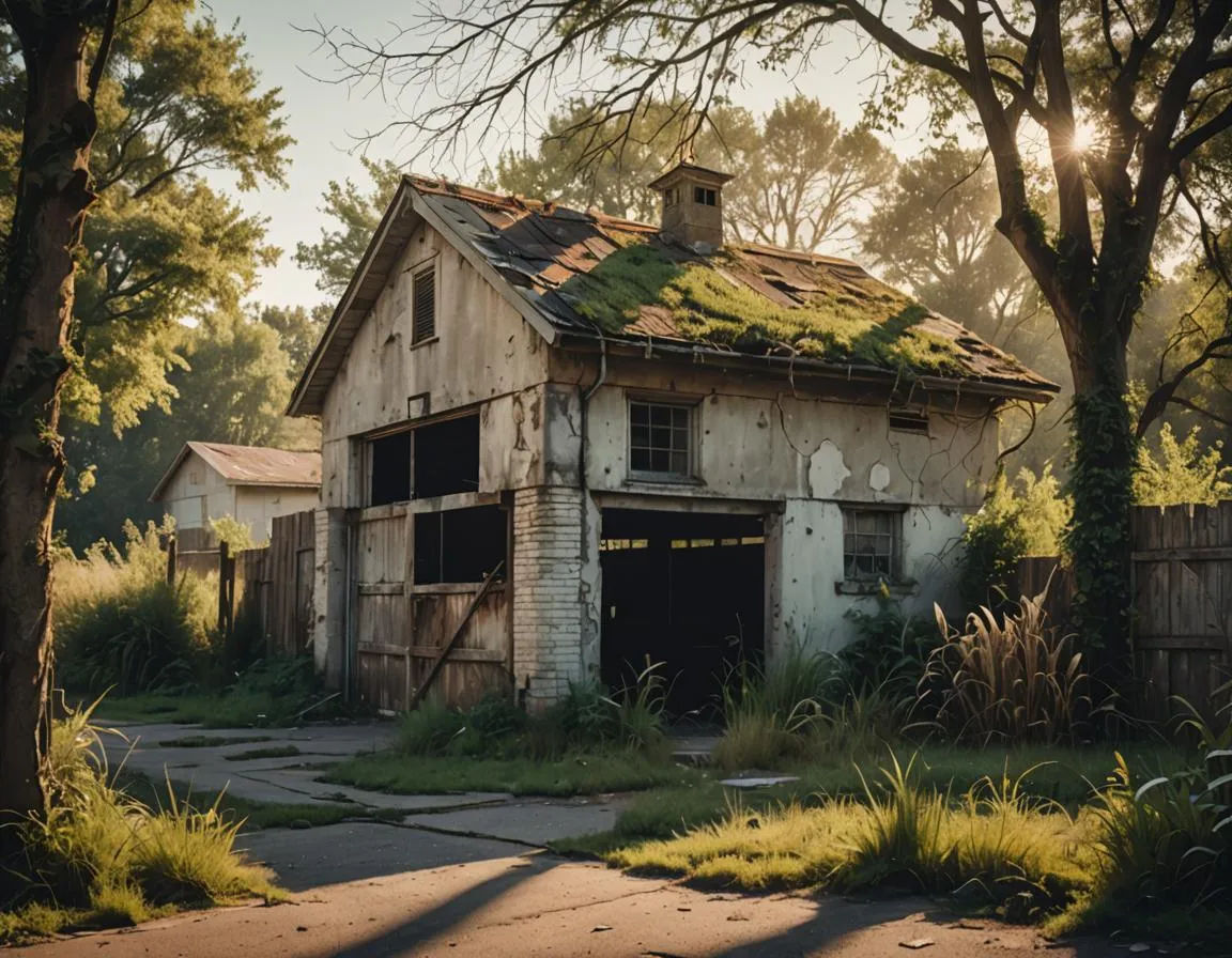 Auto repair garage abandoned for many years, unkept, tall grass, the remains of 1930's & 40's cars some intact litter the outside of the old...
