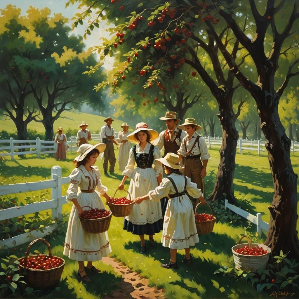 "1980s Classic dark fantasy-themed oil painting for a novel. White fencing surrounds a cherry orchard out in the countryside with rows of gr...