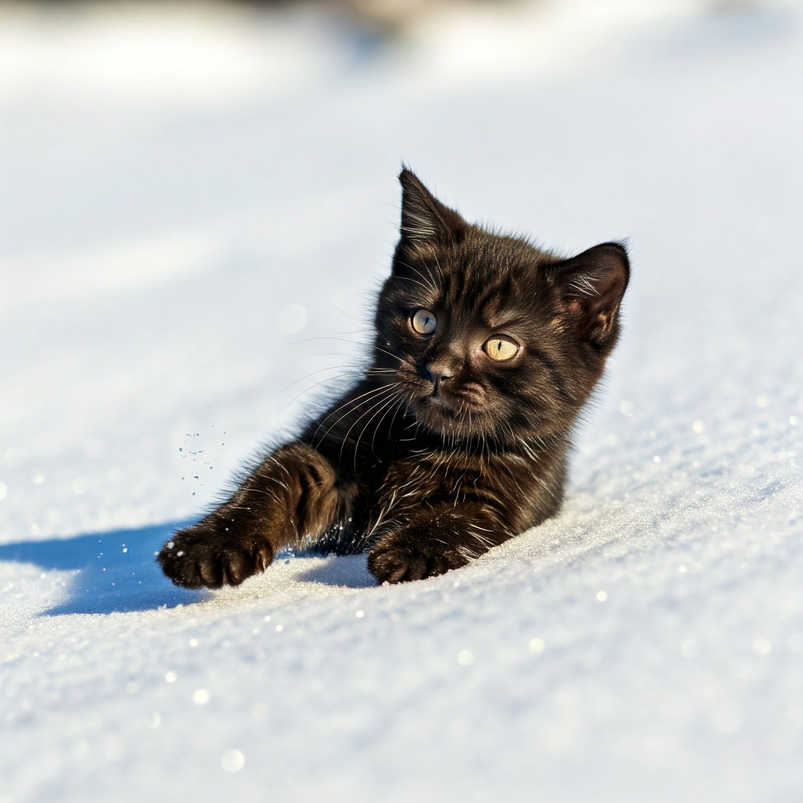 a black kitten playing in the snow