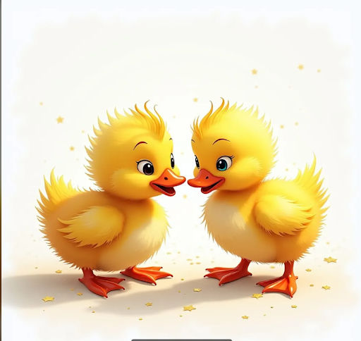 A yellow duck with a green brimmed hat is standing in the grass
and holding a stick