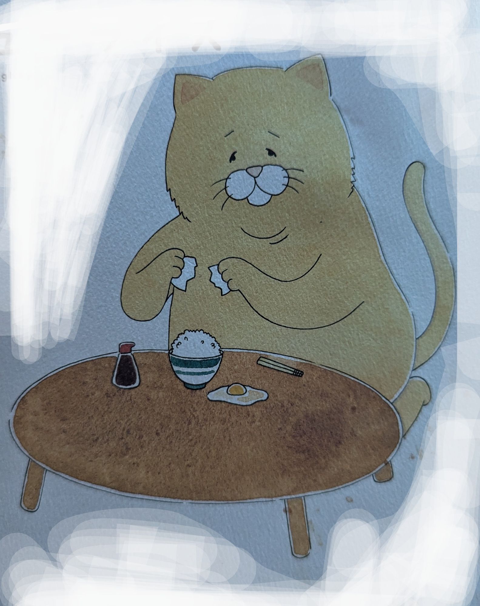 Depressed all-orange cat sitting at table, cracking a raw egg over a small bowl of plain white rice but egg slips off into table. 