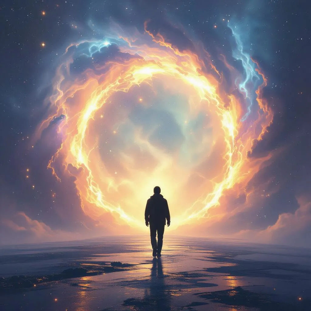 Stepping into infinity. a smooth tweening video of a man walking with seamless morphing transitions between each frame, no cuts or jumps, ul...