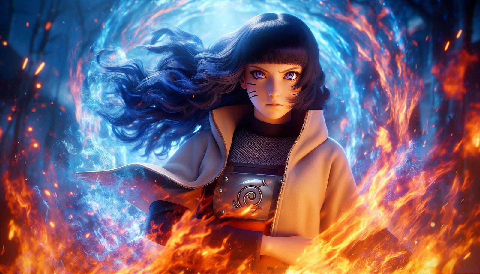 Hinata from Naruto with blowing black hair ,fire and ice elements, Holographics colors, elements moving in circular moti...