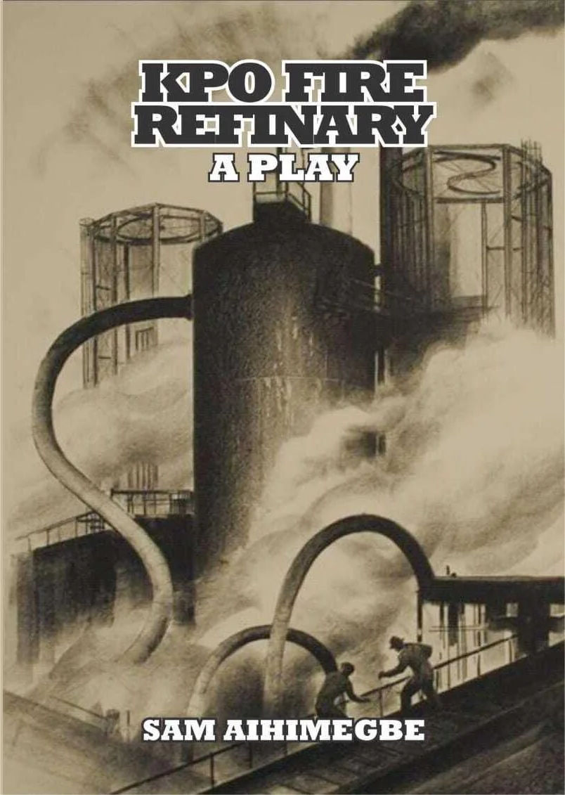 Create a minimalist book cover with the provided refinery image in the background, faded in black and white, with the title 'KPO FIRE REFINA...