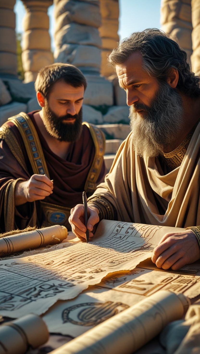 An ancient Ukrainian man writing on a scroll next to a Greek philosopher, golden sunlight, scrolls and symbols from both...
