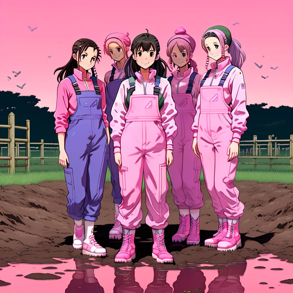 A group of anime-style girls in pink overalls and pink sneaker shoes, standing in mud, their pink shoes caked with mud, in a farmyard turned...