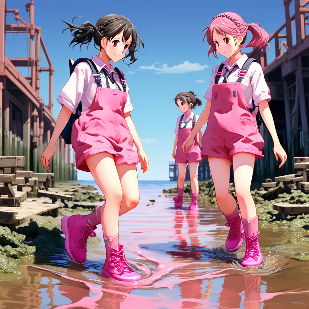 On a school marine biology field trip, a group of anime-style girls are collecting samples for their studies. The girls are wearing pink ove...
