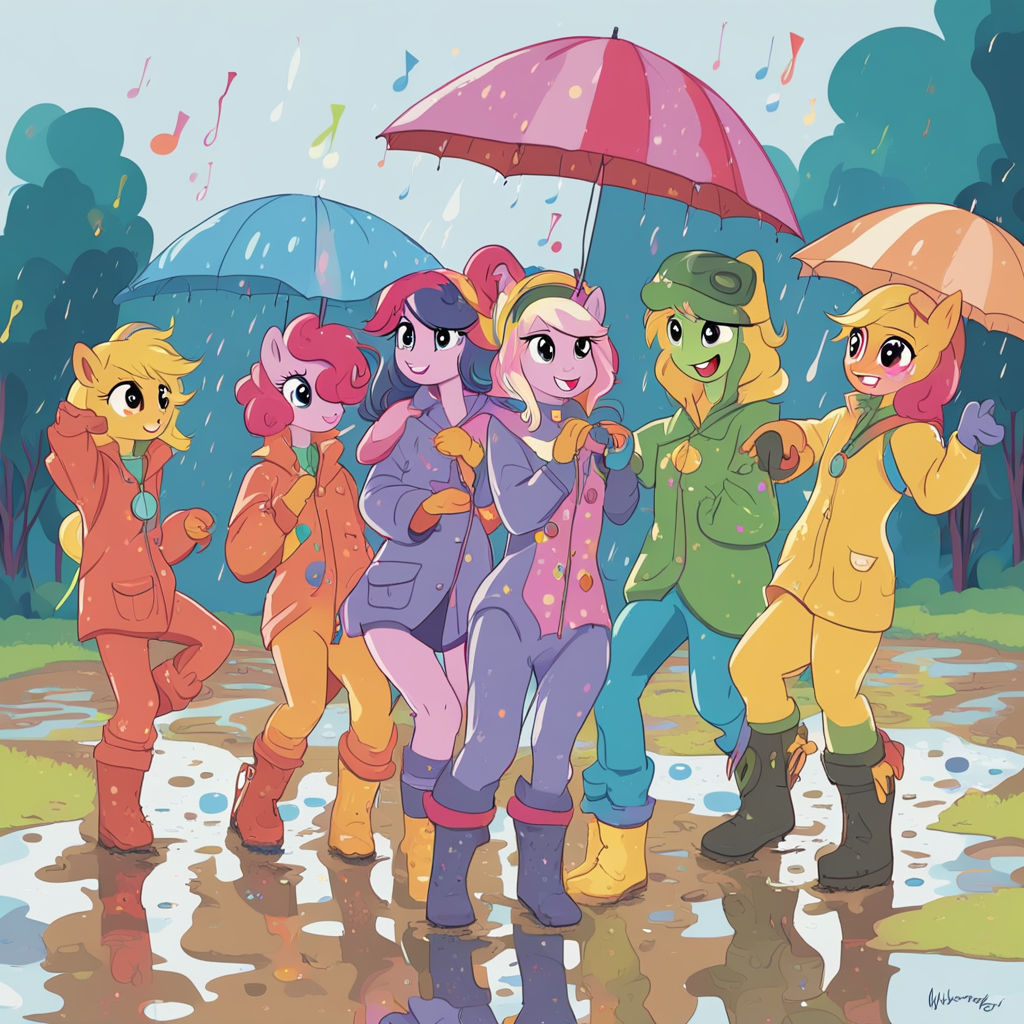 Human six from My Little pony, at a music festival and they are dancing to the music. The ground is muddy, with puddles. They are wearing mu...