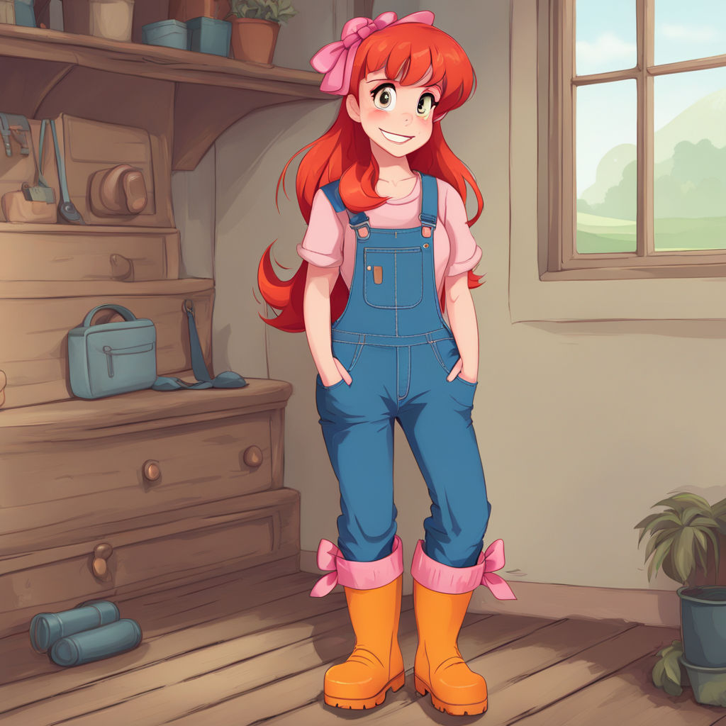 Applebloom, A human girl with red hair with a pink bow. She's trying a new pair of blue overalls and a pair of orange/red wellington boots,...