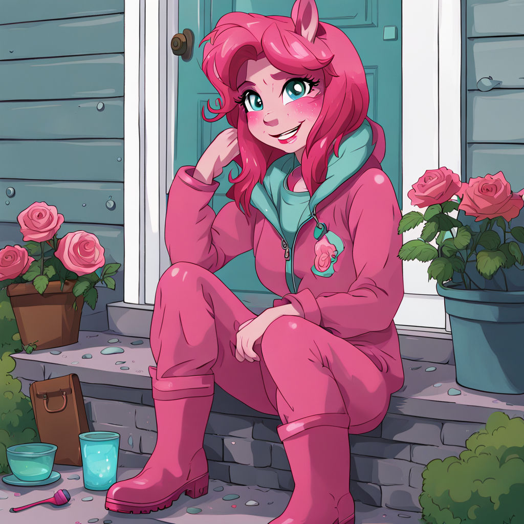 Sour Sweet from My Little Pony, human face, freckles, moderate rose with lighter moderate rose hair and grayish aquamarine streaks. Sitting...