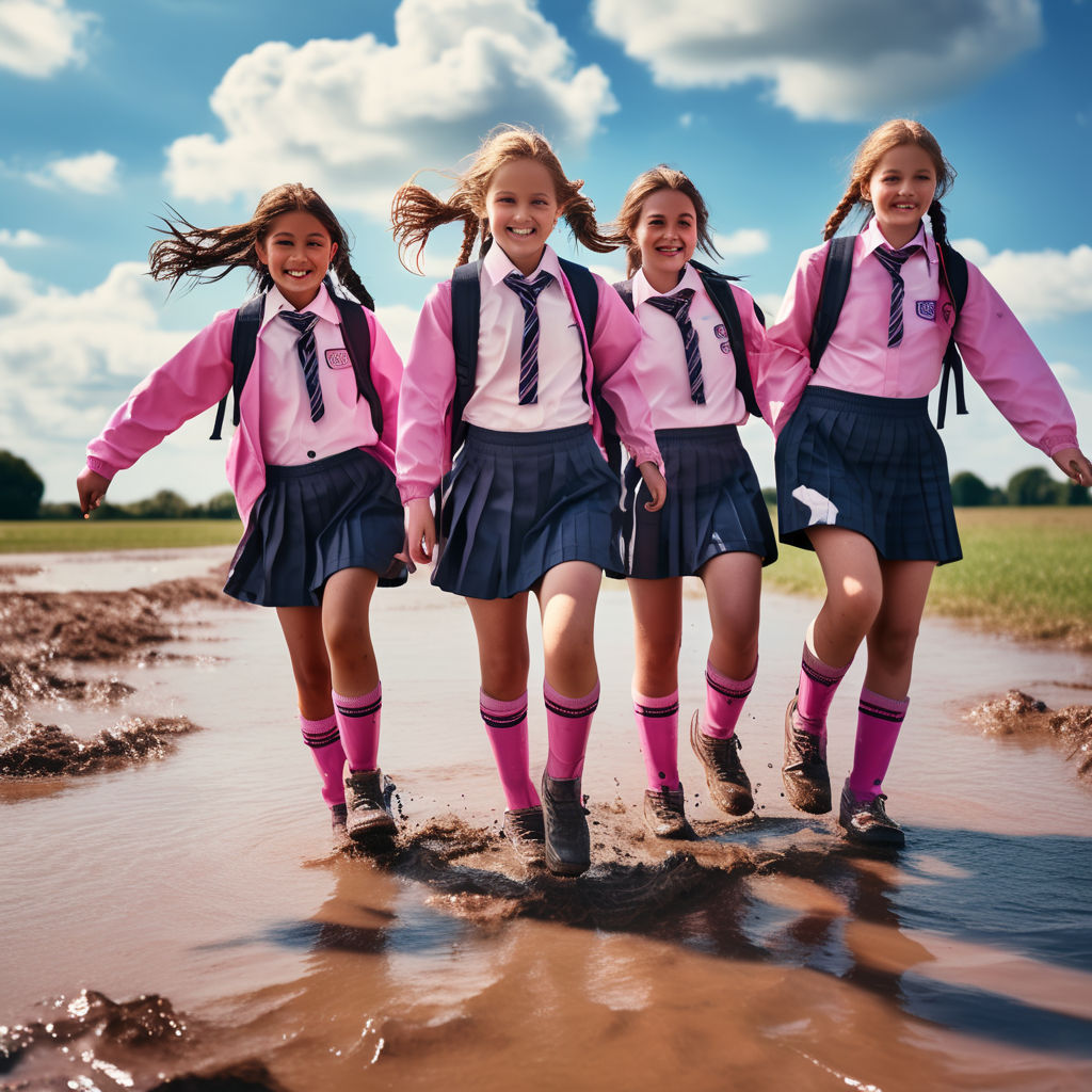 A group of girls on a school field trip to a muddy hole. The girls are wearing school uniforms, pink socks and pink wellington boots