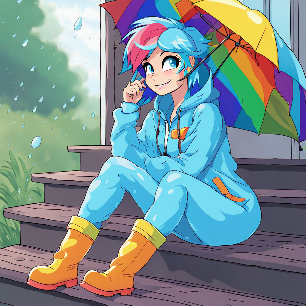 Human Rainbow Dash from My Little Pony, human face, rainbow-colored hair. Sitting on her back door step, it's raining heavily. She's wearing...