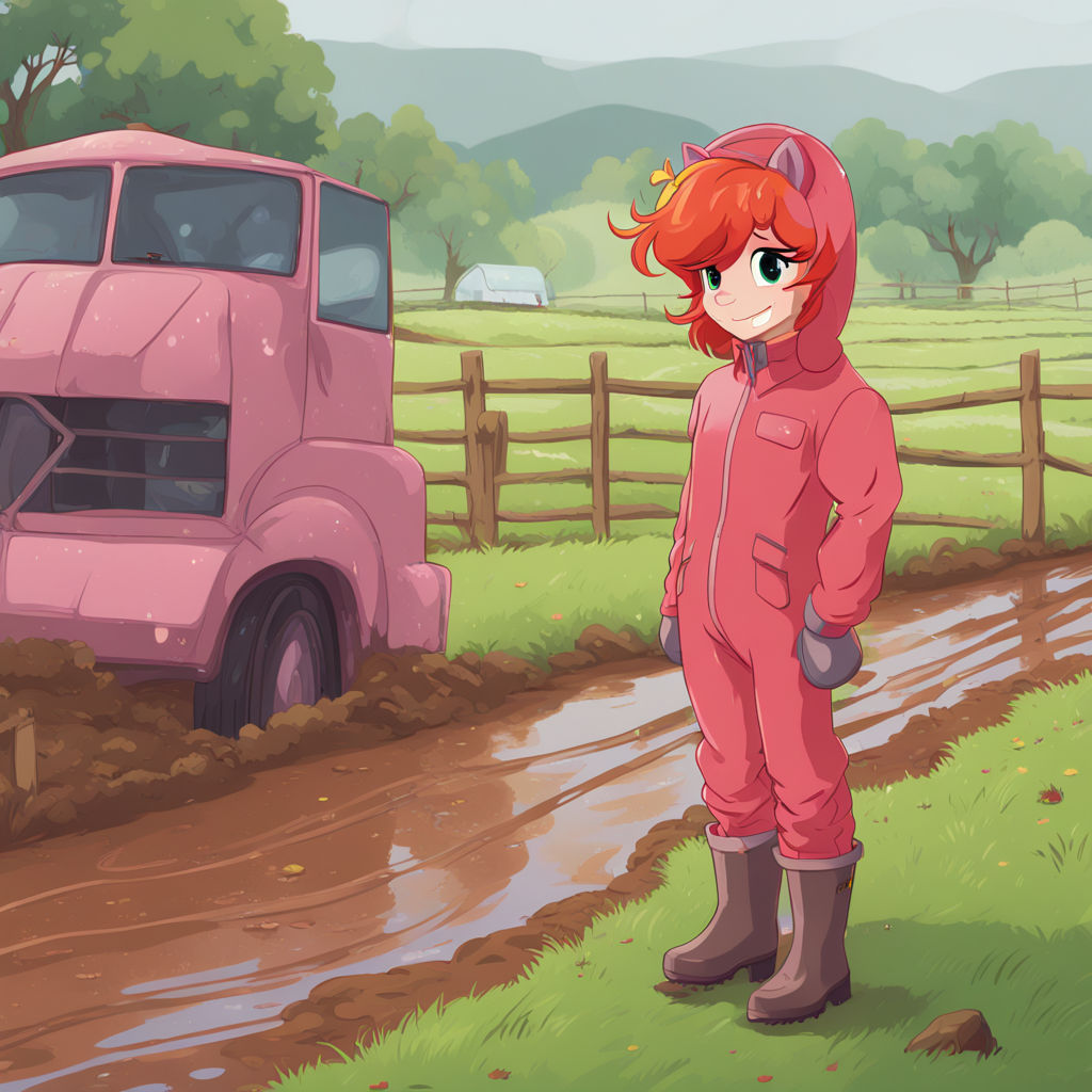 Human Applebuck from My Little Pony, human face, red hair with a pink bow. At a country show, it's raining and the ground is very muddy with...