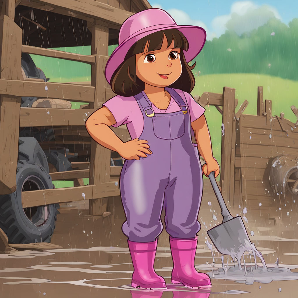 Dora Márquez from Dora the Explorer, thick brown hair. Working on a farm, the floor of the barn is flooded from heavy rain. She's wearing a...