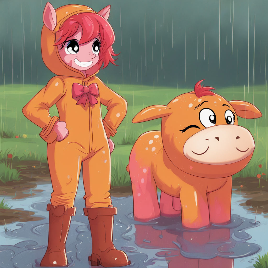 Human Applebuck from My Little Pony, human face, red hair with a pink bow. At a country show, it's raining and the ground is very muddy with...