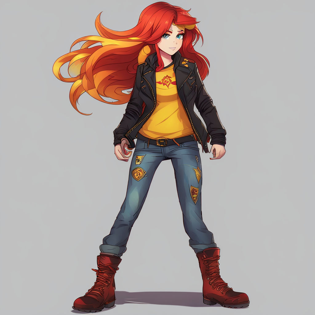 Sunset Shimmer, A human girl with long red/yellow hair. At a video game tournament, competing against other players. She's wearing a black b...
