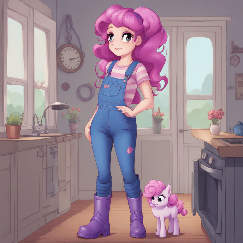Sweetie Belle, A human girl with pink/purple hair. She's trying a new pair of blue overalls and a pair of pink/purple wellington boots, at h...