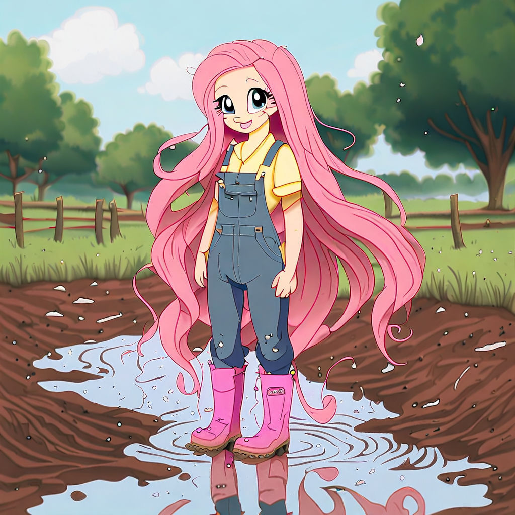Fluttershy, A human girl with long pink hair. She's splashing in muddy puddles. She wearing overalls and muddy pink wellington boots.