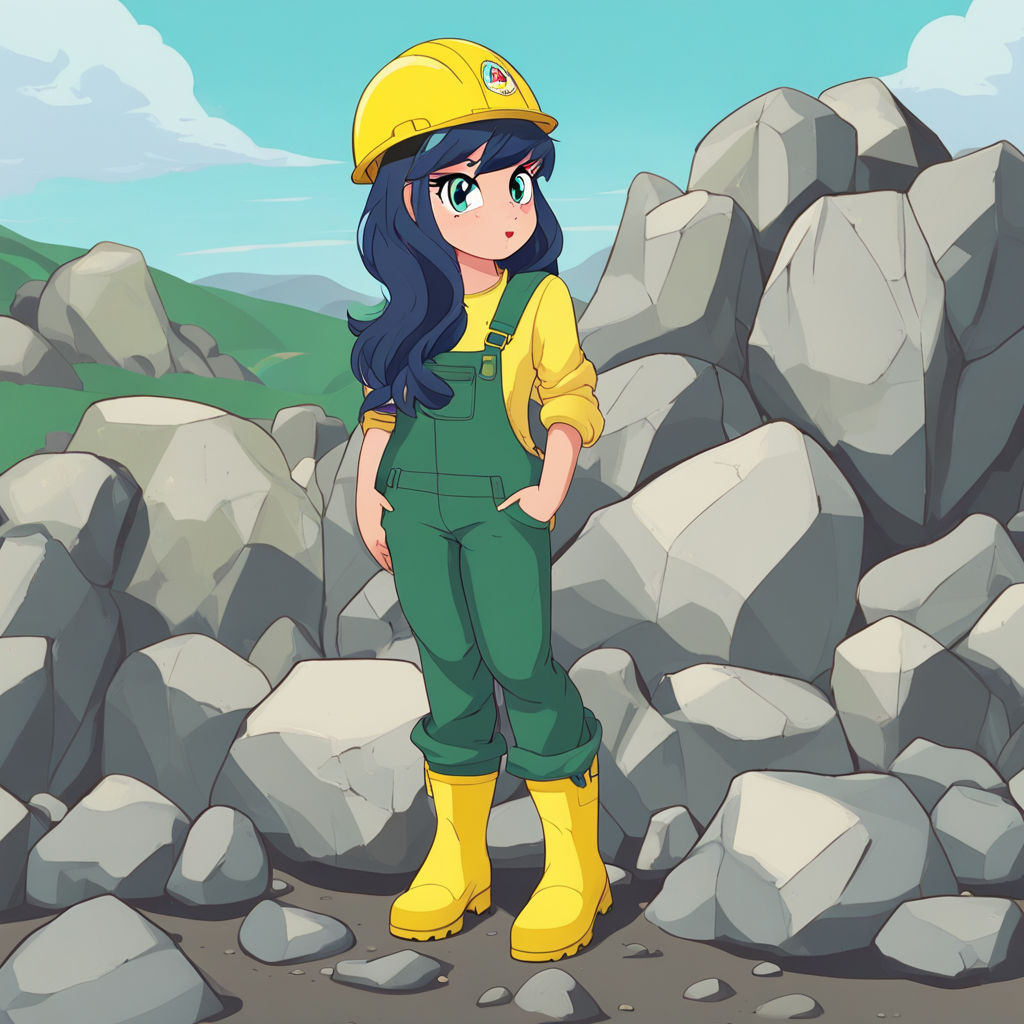 Human Marble Pie from My Little Pony, human face, dark green hair. She's working at a stone quarry, standing in front of the large boulder....