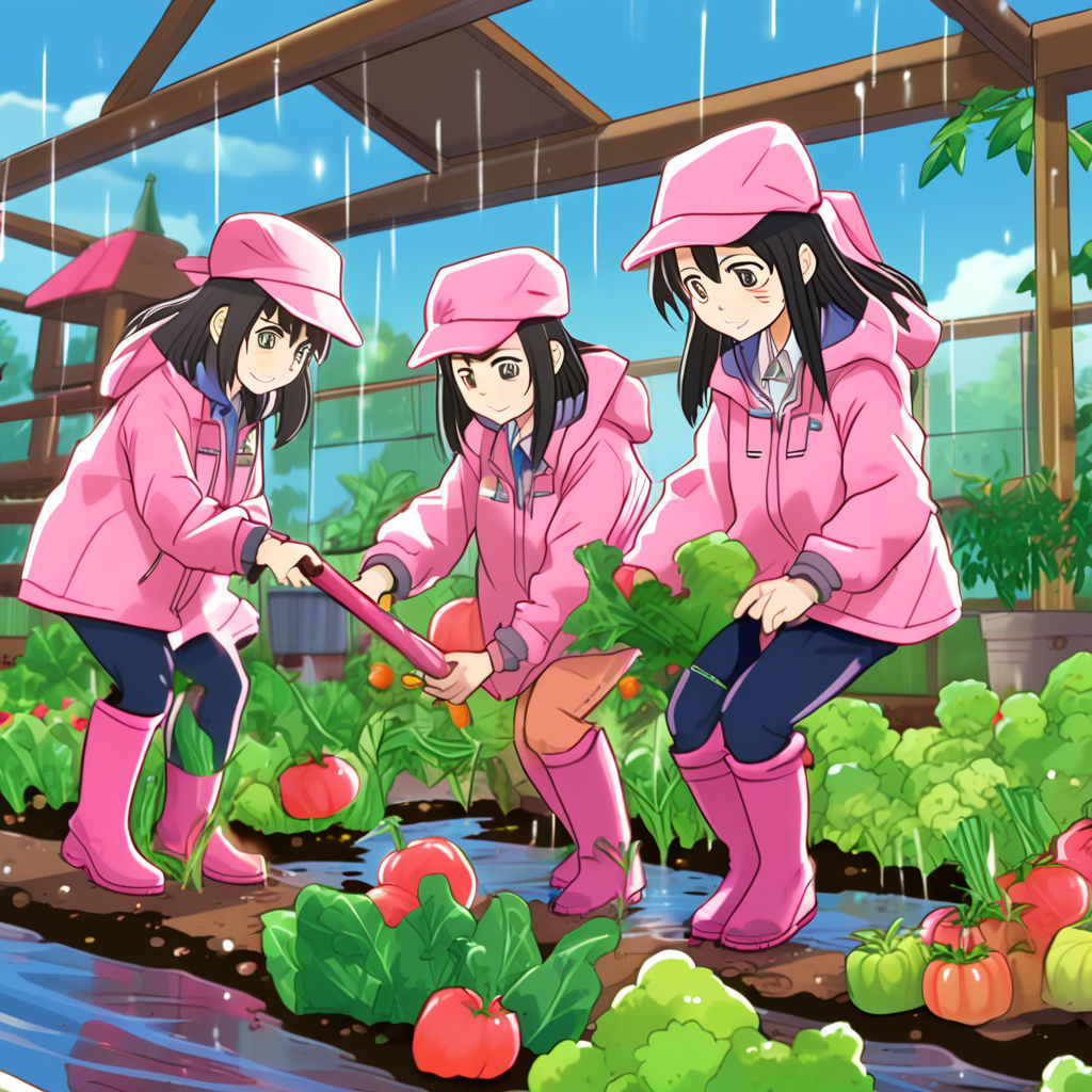 At a school allotments, a group of anime-style girls in a gardening class harvesting vegetables. The ground is very muddy with puddles. The...