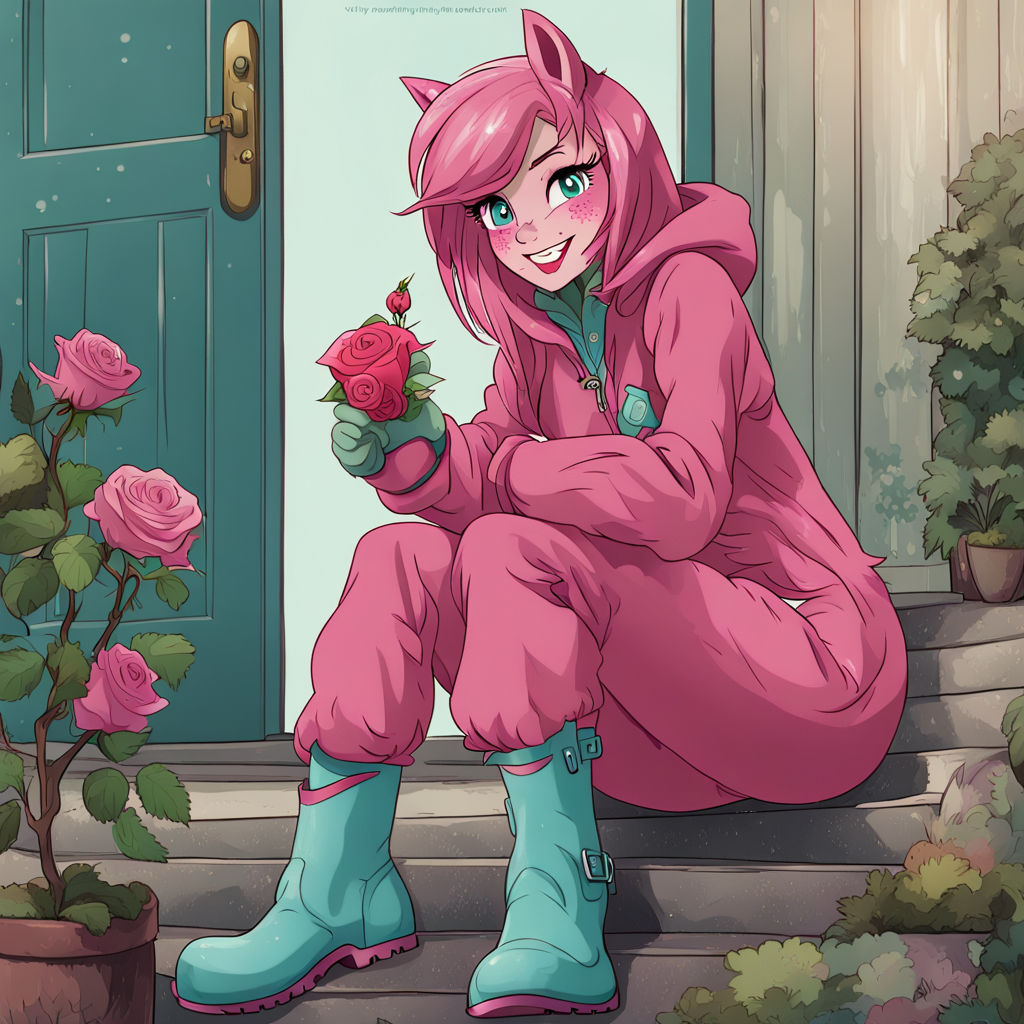 Sour Sweet from My Little Pony, human face, freckles, moderate rose with lighter moderate rose hair and grayish aquamarine streaks. Sitting...