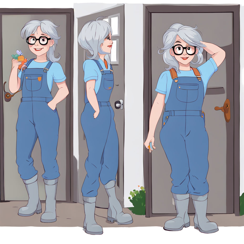 Human Silver Spoon from My Little Pony, human face, glasses, light grey/silver hair. She's working in the garden, the ground is wet and mudd...