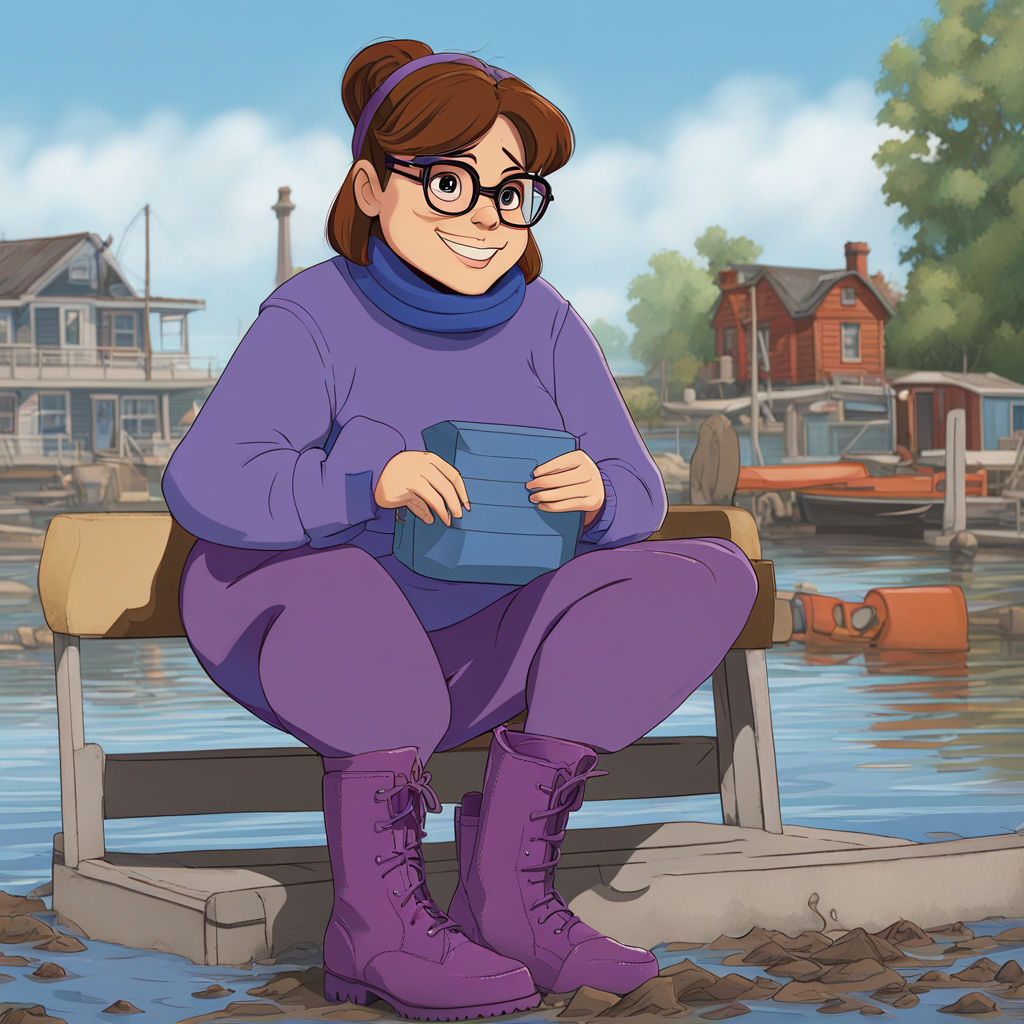 Humanized Jeanette Miller from Alvin and the Chipmunks, human face, glasses, brown hair in loose bun. She's at the harbor when the tide went...