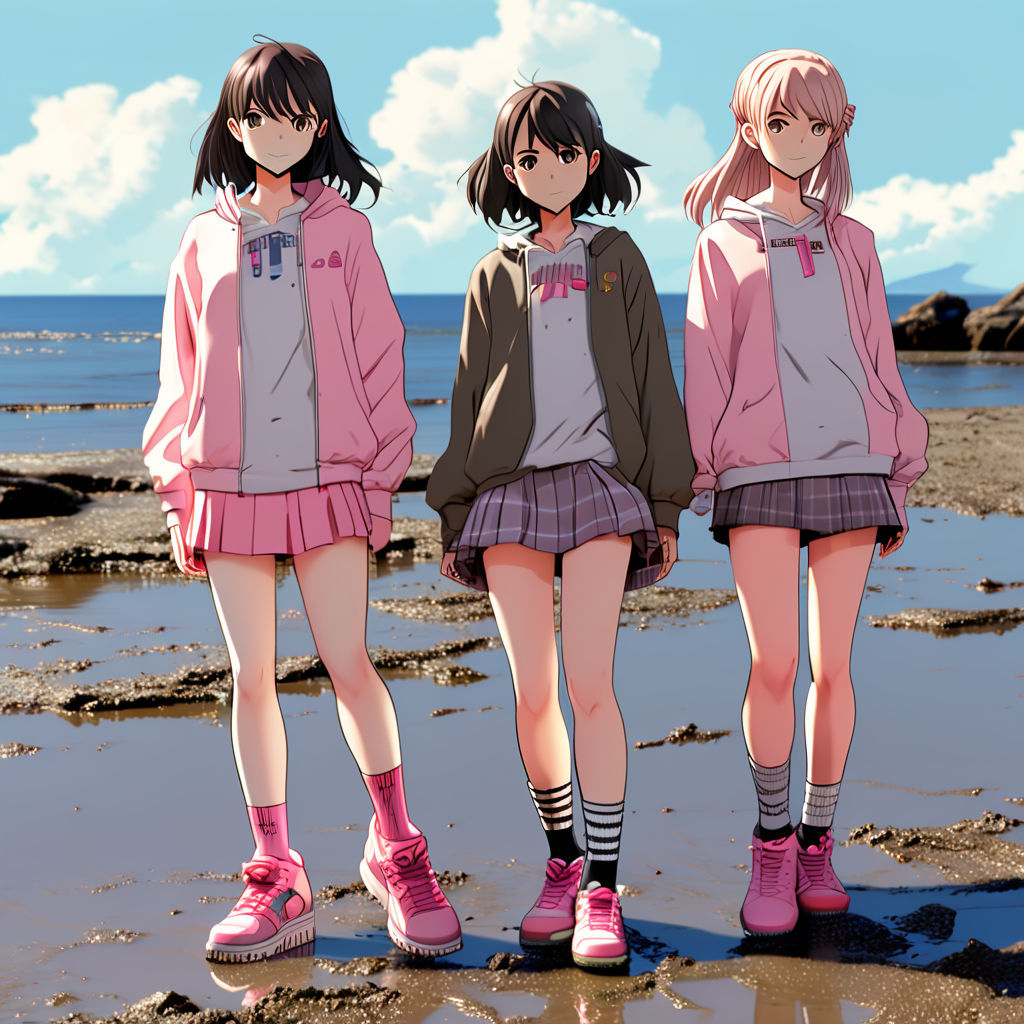 A group of anime-style girls standing at a very muddy beach. The girls pink sneakers are very muddy. 