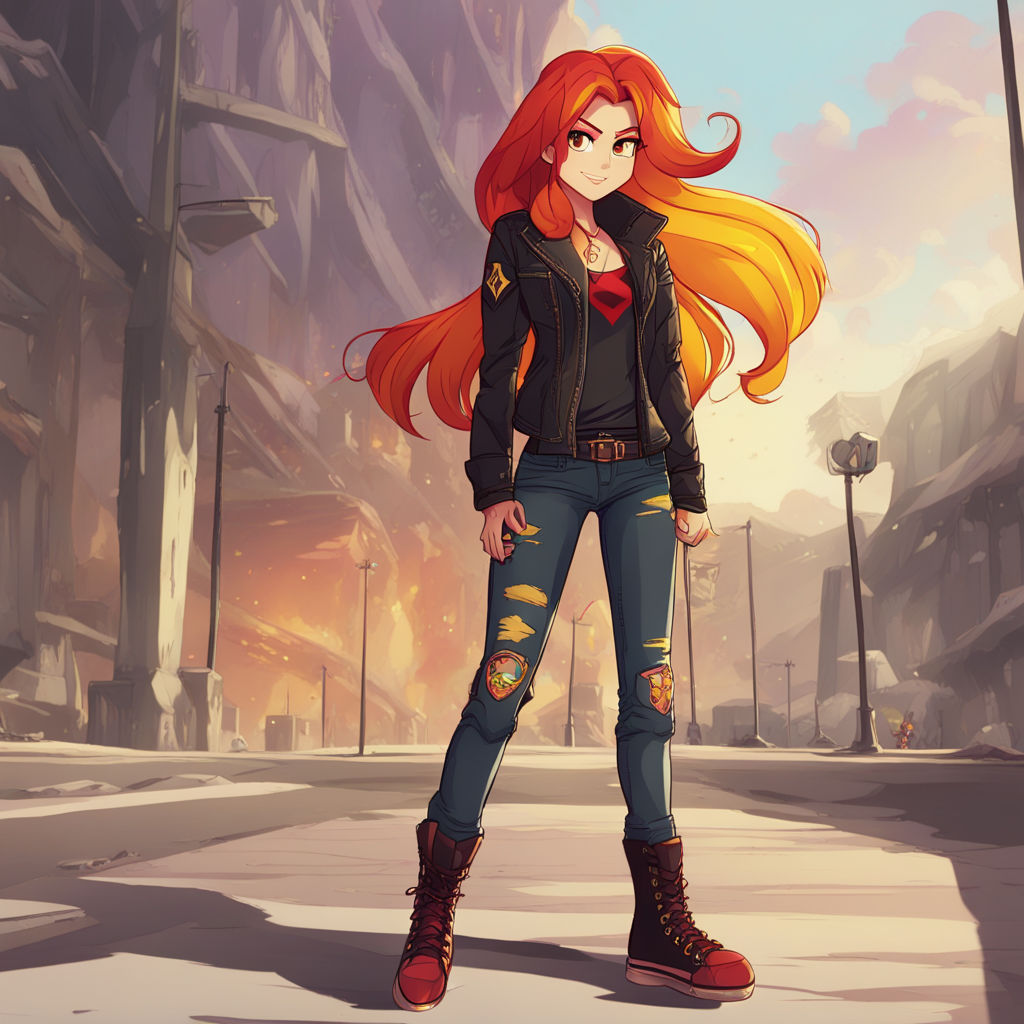 Sunset Shimmer, A human girl with long red/yellow hair. At a video game tournament, competing against other players. She's wearing a black b...