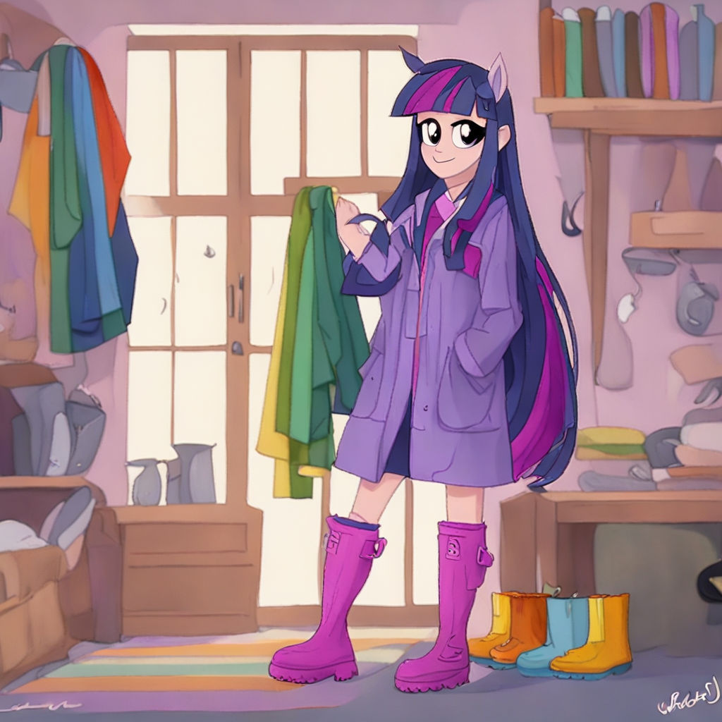 Twilight Sparkle, A human girl with long purple hair. She's trying on a new purple raincoat and a new pair of rainbow wellies, at home.