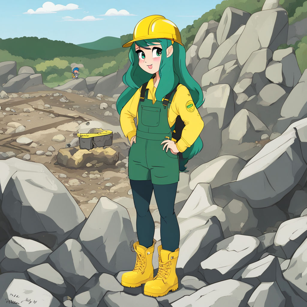 Human Marble Pie from My Little Pony, human face, dark green hair. She's working at a stone quarry, standing in front of the large boulder....