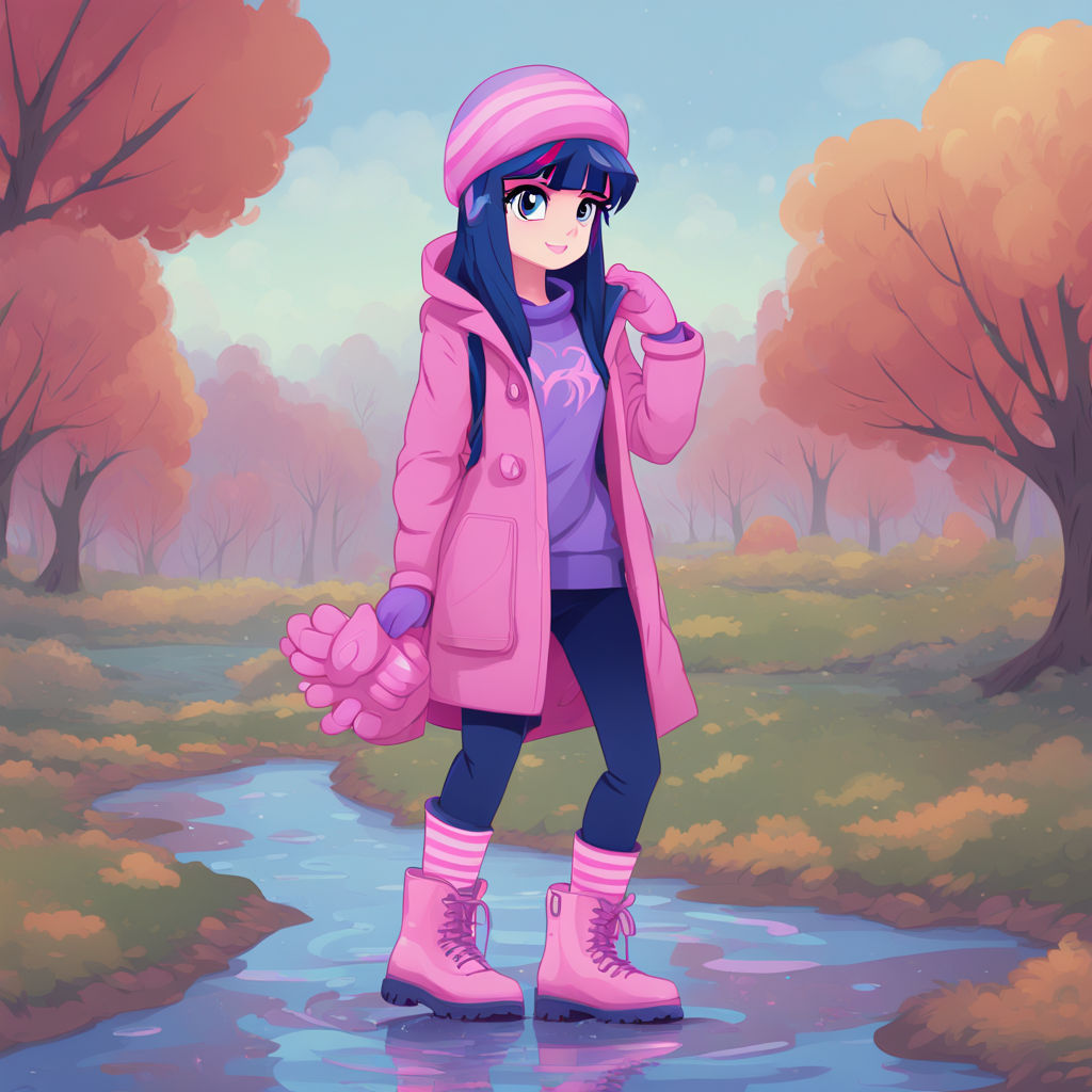 <lora:The style of MLP:1.0> Twilight Sparkle, A human girl with navy blue hair with pink/purple stripes. She's at the park, on a cold autumn...