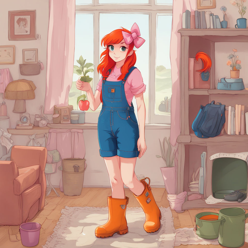 Applebloom, A human girl with red hair with a pink bow. She's trying a new pair of blue overalls and a pair of orange/red wellington boots,...