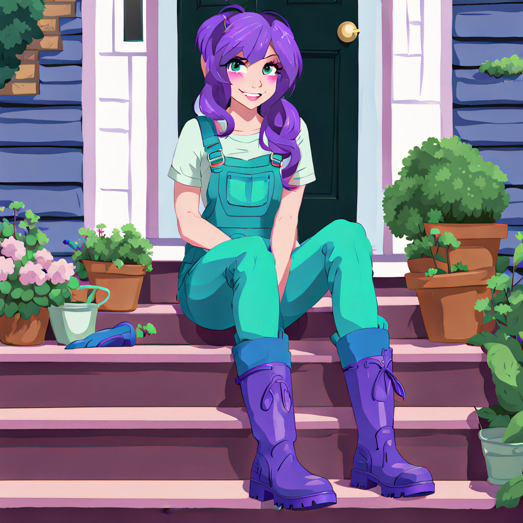 Human Sonata Dusk from My Little Pony, human face, Light arctic blue hair with moderate Persian blue stripes. Sitting on her doorstep after...