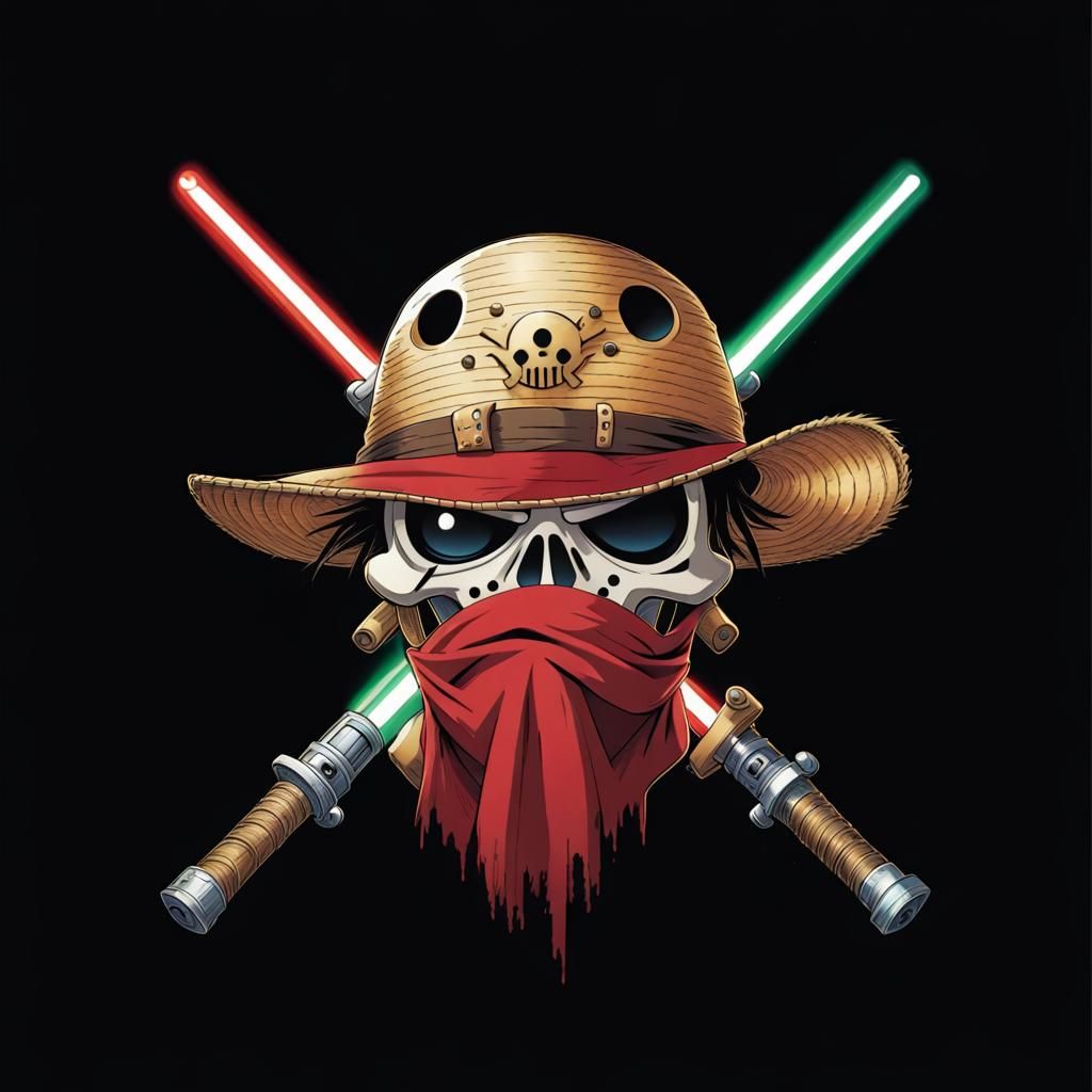 one piece style jolly roger, lightsabers behind straw hat, no hair