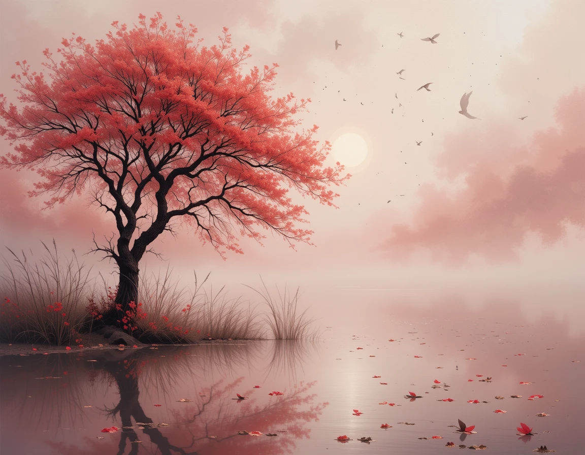 A mystery veiled in fog. Nature landscape with primary red color.