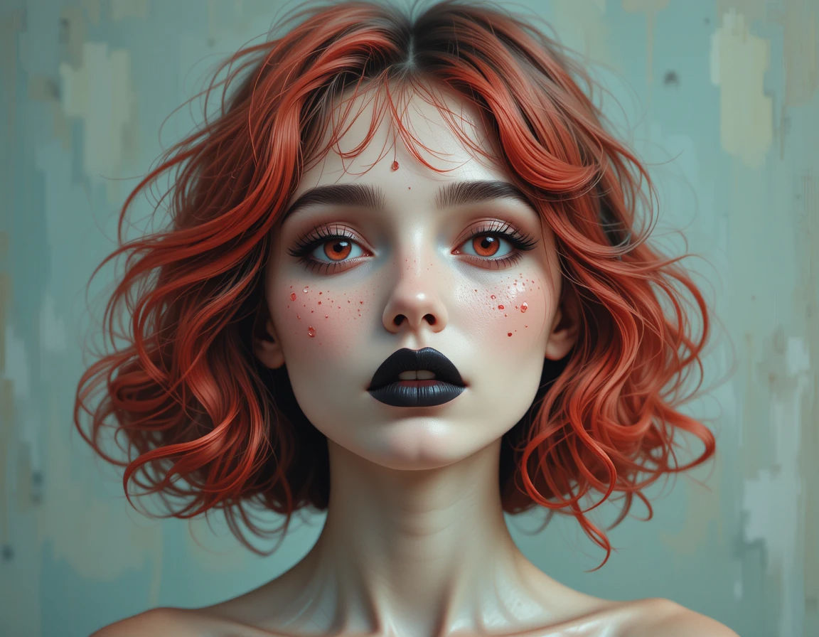 Girl made of abstract smears in chaotic oil brush painting style. Deep-set red eyes, Roman shaped nose with high bridge, bow-shaped lips of ...