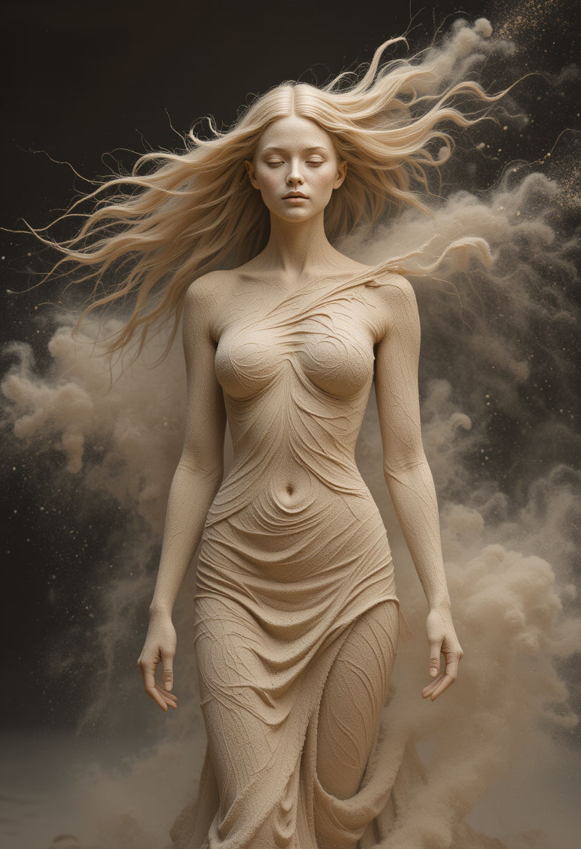 Full-length of sand-woman in the desert environment. Photorealistic, high quality, deep focus, soft light, DSLR, HDR, 8K.