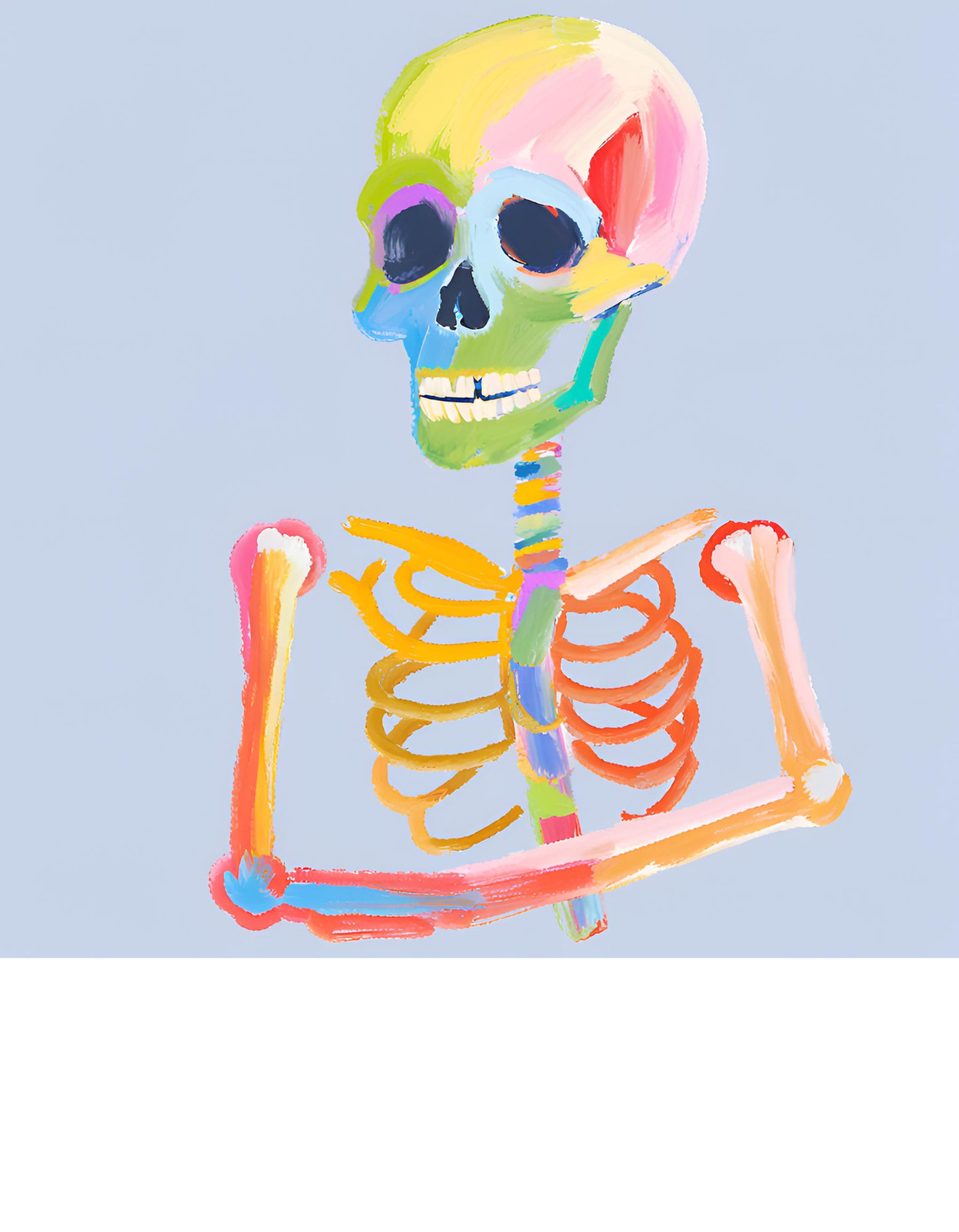 Hyper realistic portrait of a beautiful skeleton intricately detailed colorful bones and futuristic jewelry.